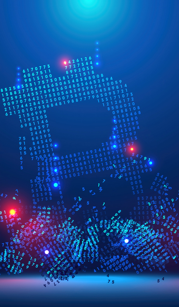 Значок биткоин разрушается на числовой код на синем фоне