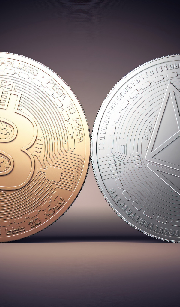 Криптовалюта bitcoin  и ethereum на сером фоне