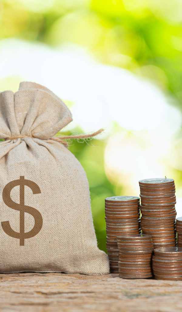 Мешок с деньгами на столе с монетами