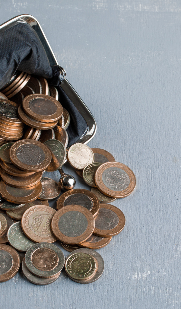 Кошелек с монетами на сером столе