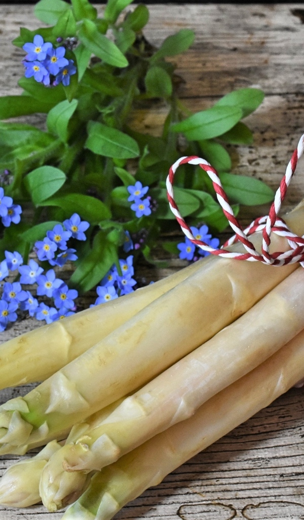 Спаржа на столе с цветами незабудки