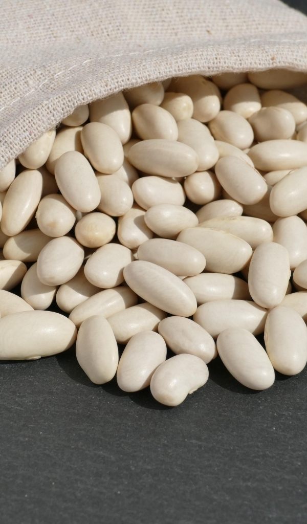 Фасоль в мешочке на сером столе