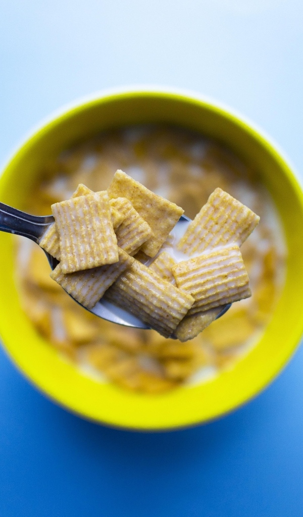 Хлопья с молоком на ложке на голубом фоне