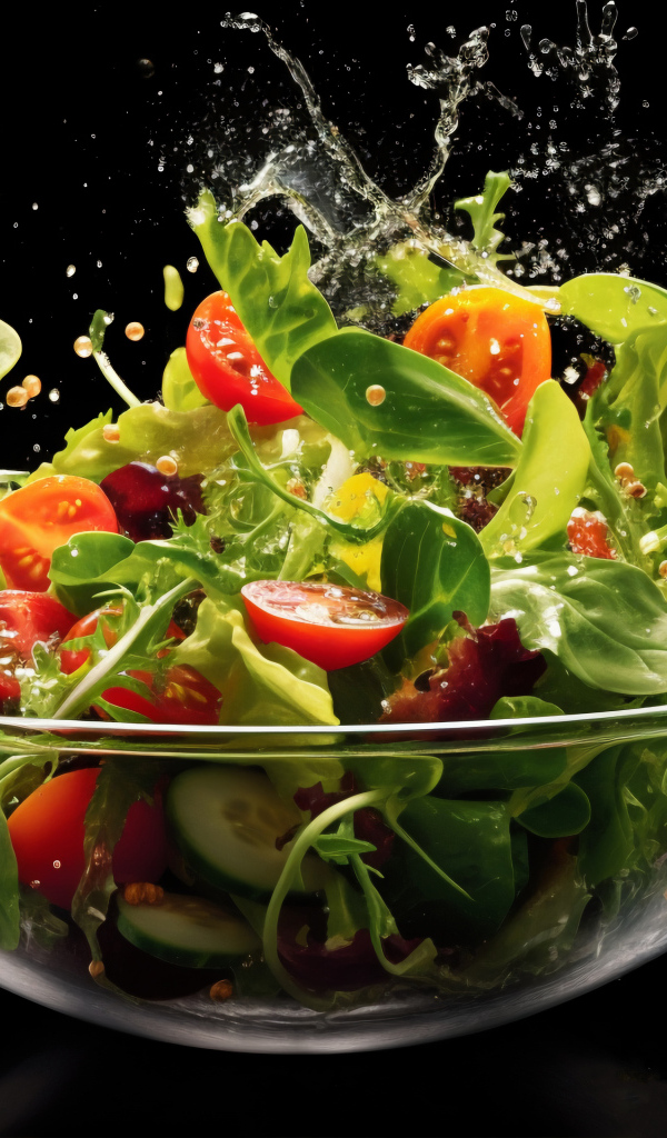 Свежий салат в стеклянной тарелке на черном фоне