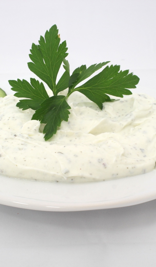 Соус на тарелке со свежими огурцами