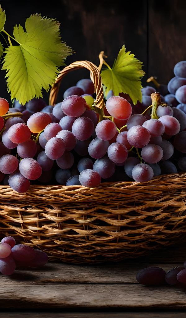 Корзина с большими гроздьями розового винограда