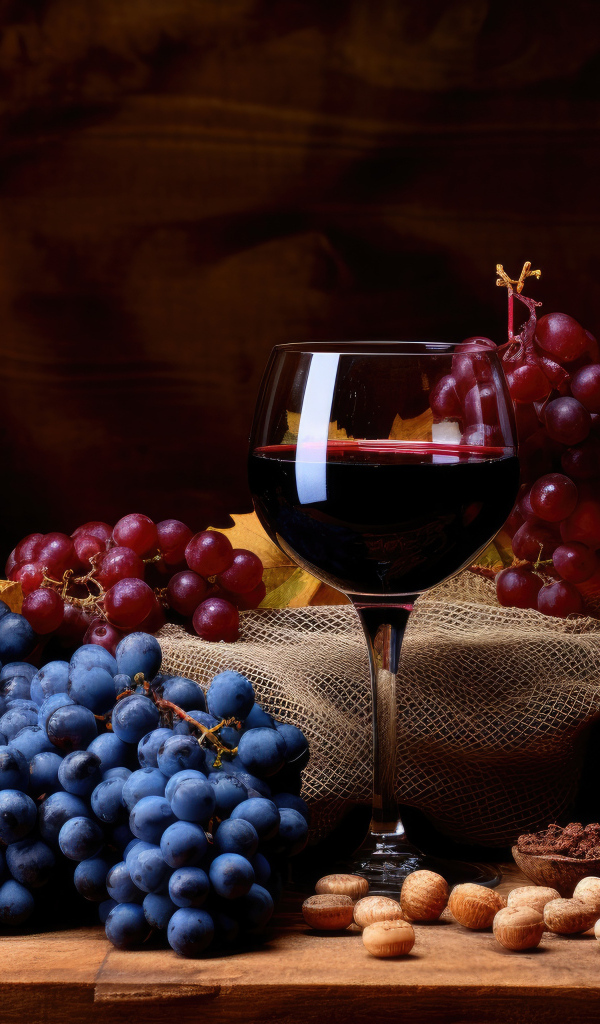 Синий и розовый виноград на столе с вином 