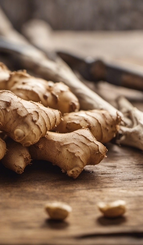 Корень имбиря на столе 