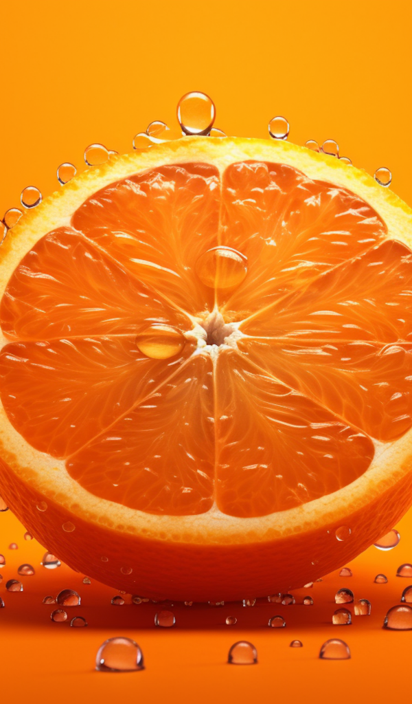 Половинка апельсина в каплях воды на оранжевом фоне