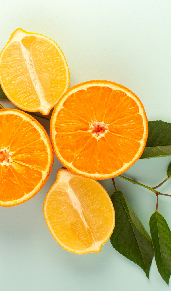 Половинки лимона и апельсина на столе с зелеными листьями