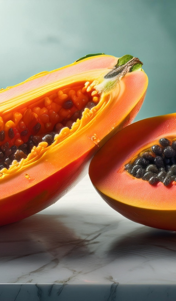 Папайя с черными зернами на столе