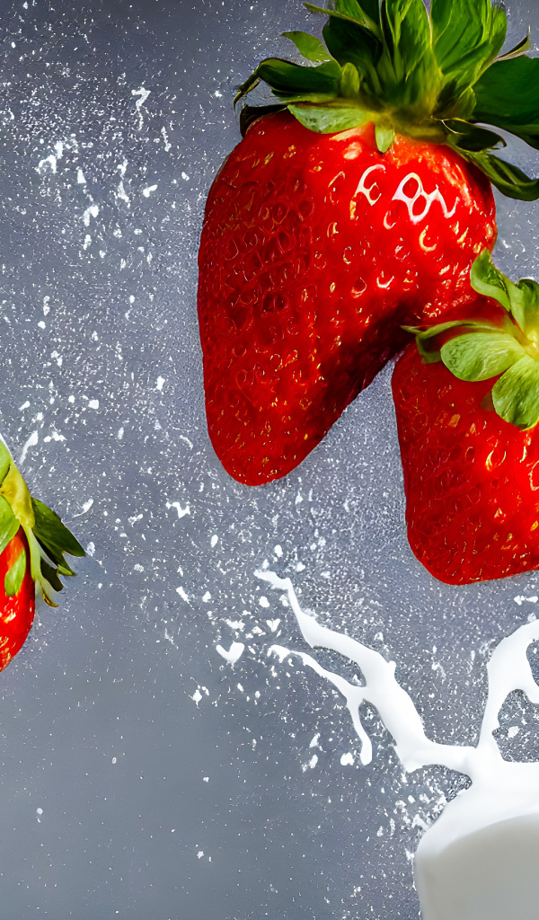 Красная клубника с брызгами молока на сером фоне
