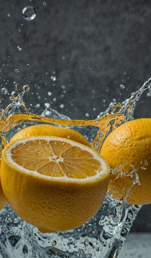 Желтый лимон в брызах воды на сером фоне