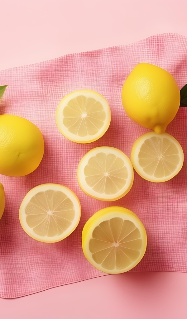 Желтые лимоны с полотенцем на розовом фоне