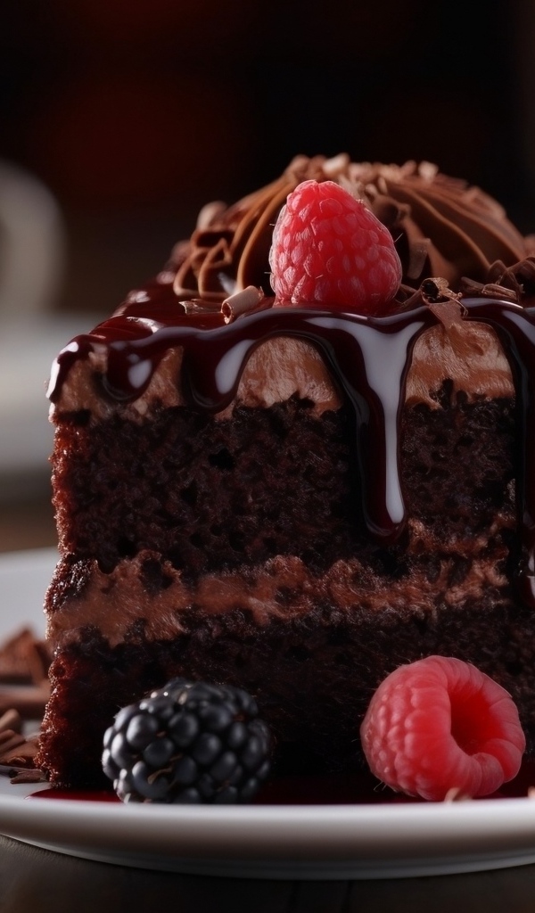 Кусок шоколадного торта с кремом и ягодами на тарелке