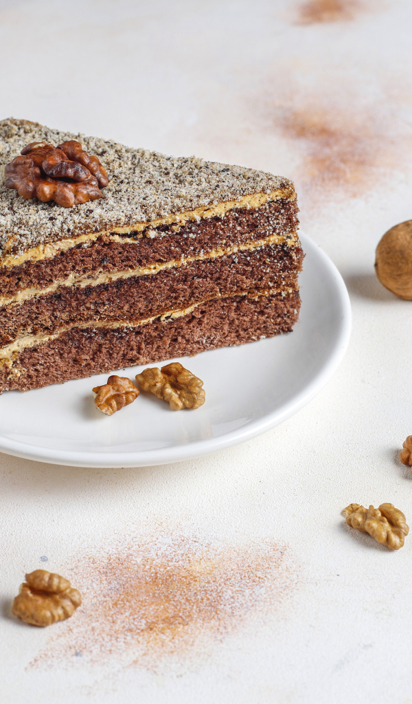 Аппетитный кусок  торта с грецкими орехами