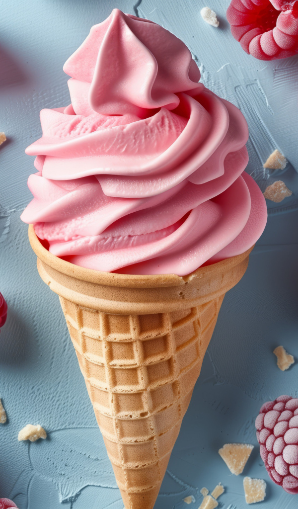 Аппетитный вафельный рожок с мороженым и ягодами малины