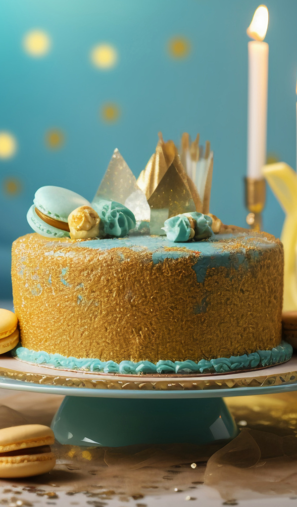 Торт на день рождения в голубой глазури с макарунами