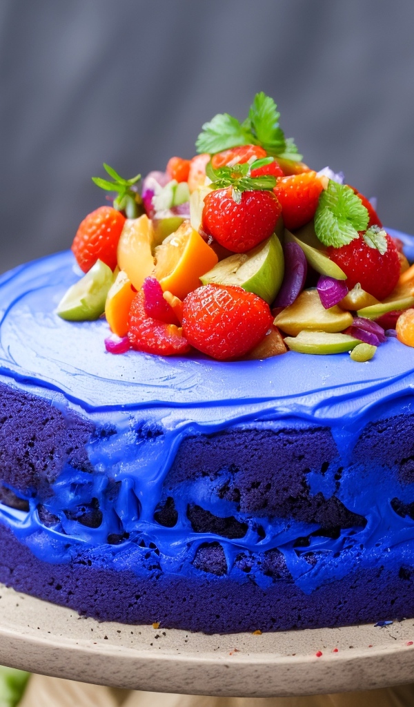 Голубой торт с ягодами на сером фоне