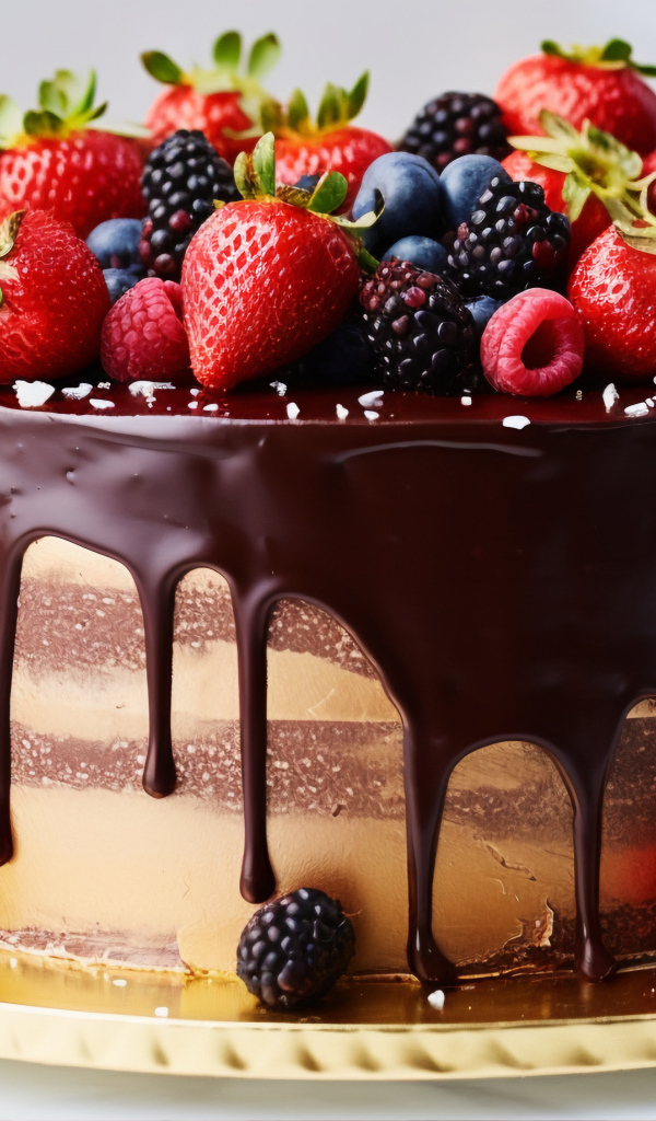Торт в шоколадной глазури со свежими ягодами