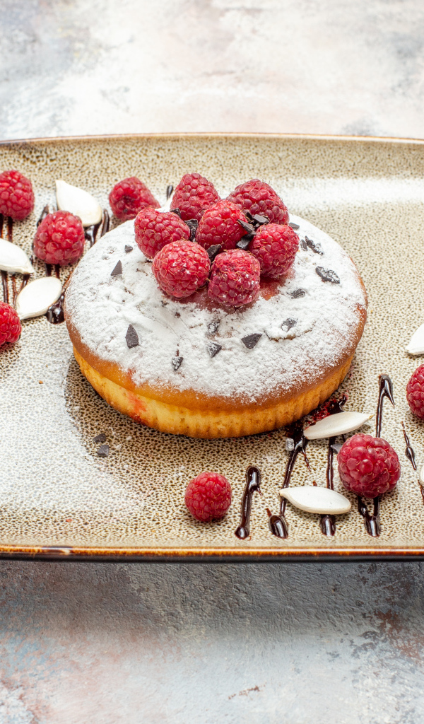 Пирожное с сахарной пудрой и малиной на тарелке