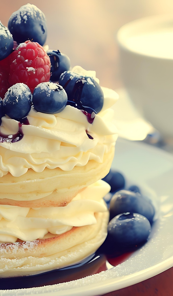 Сырники с кремом и ягодами на столе на завтрак