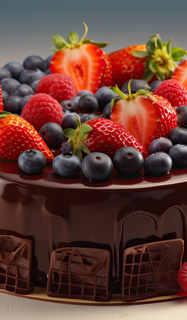 Торт в шоколаде с ягодами черники, клубники и малины