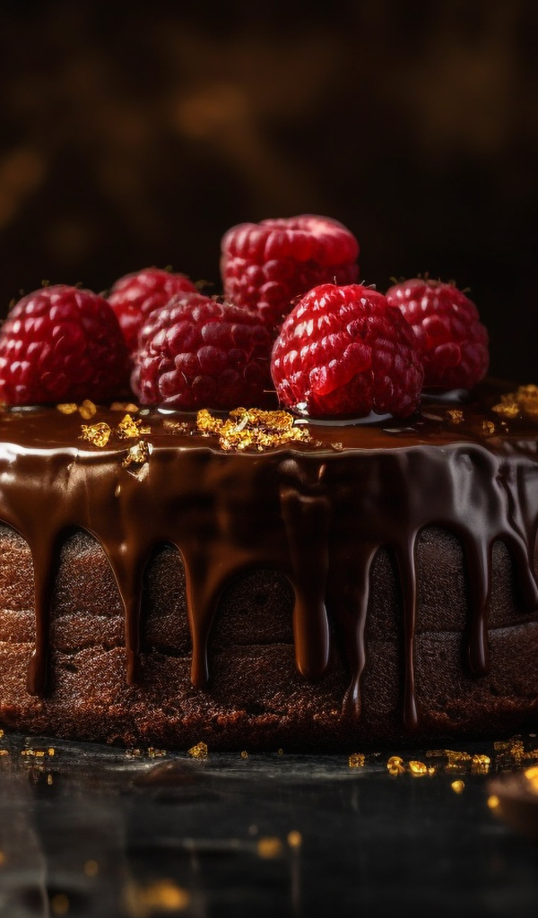 Торт в шоколаде с ягодами малины