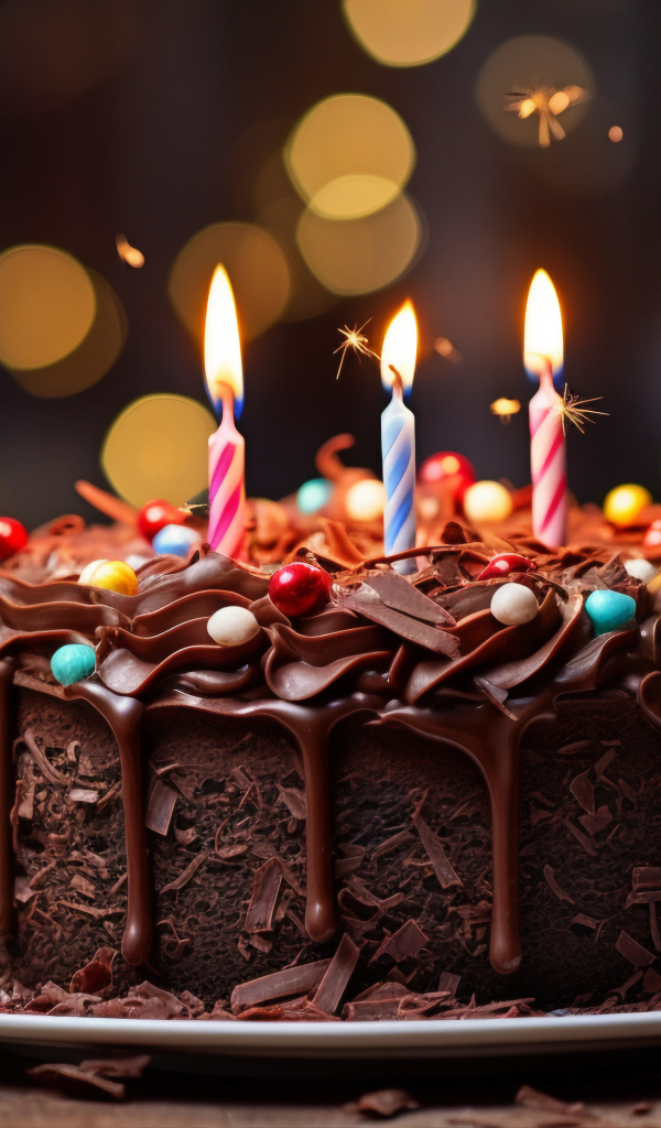 Шоколадный торт с тремя зажженными свечками