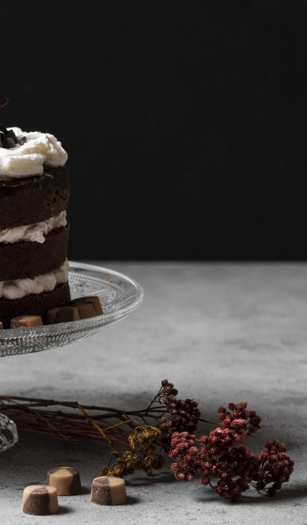 Шоколадный торт с белым кремом и конфетами