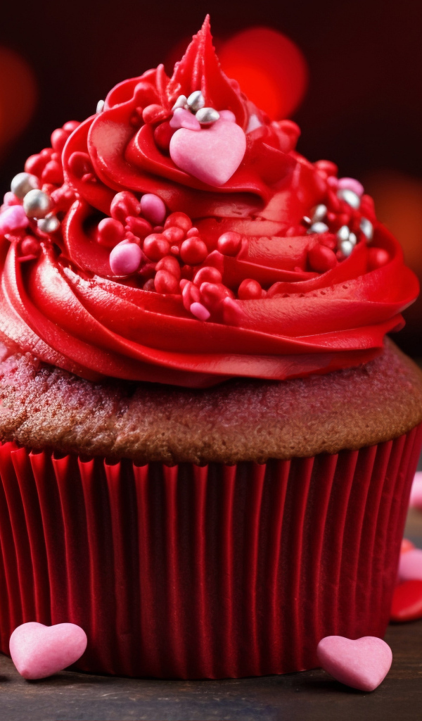 Кекс с красным кремом, розой и конфетами