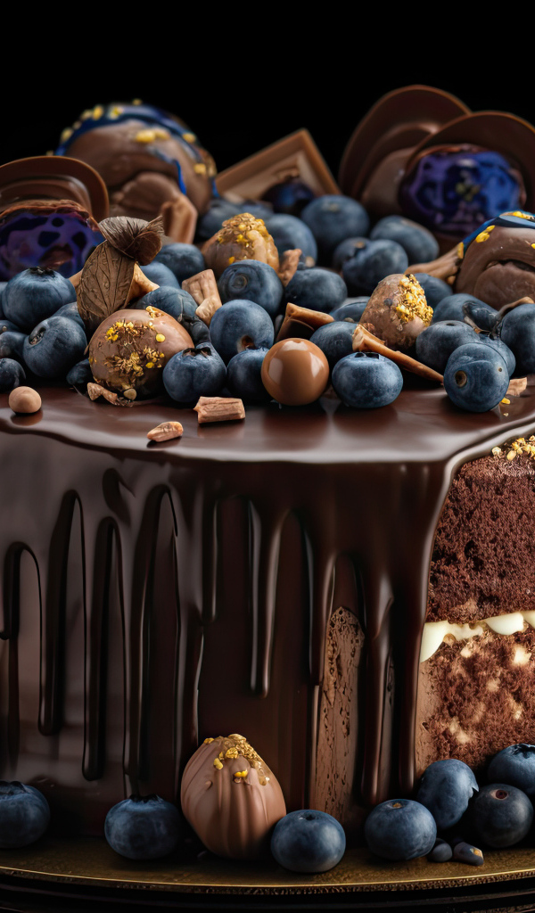 Аппетитный торт в шоколаде с конфетами и ягодами черники