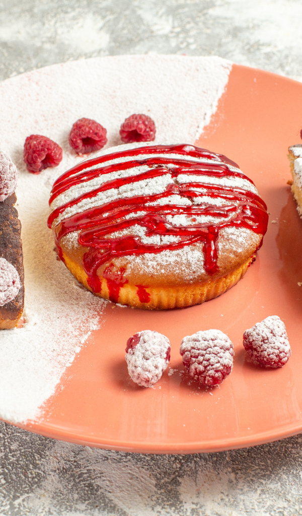 Десерт с ягодами малины и сахарной пудрой на большой тарелке