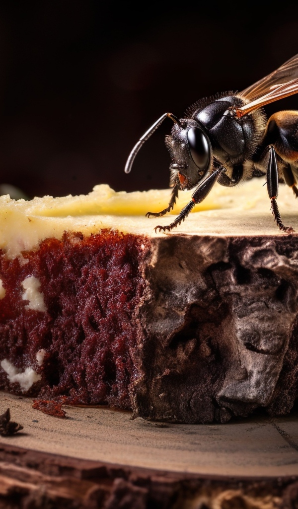 Большой кусок шоколадного торта с пчелой