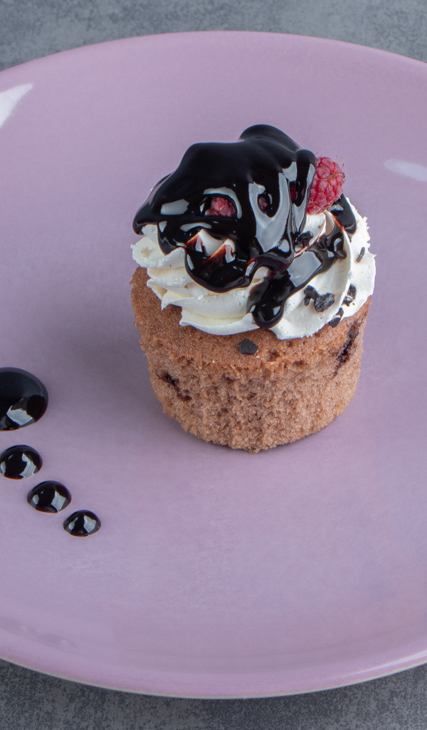 Маффин с шоколадным топпингом на большой тарелке