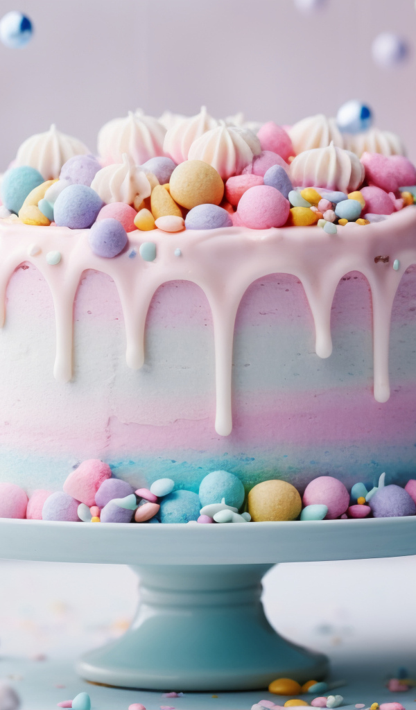 Разноцветный торт украшен конфетами