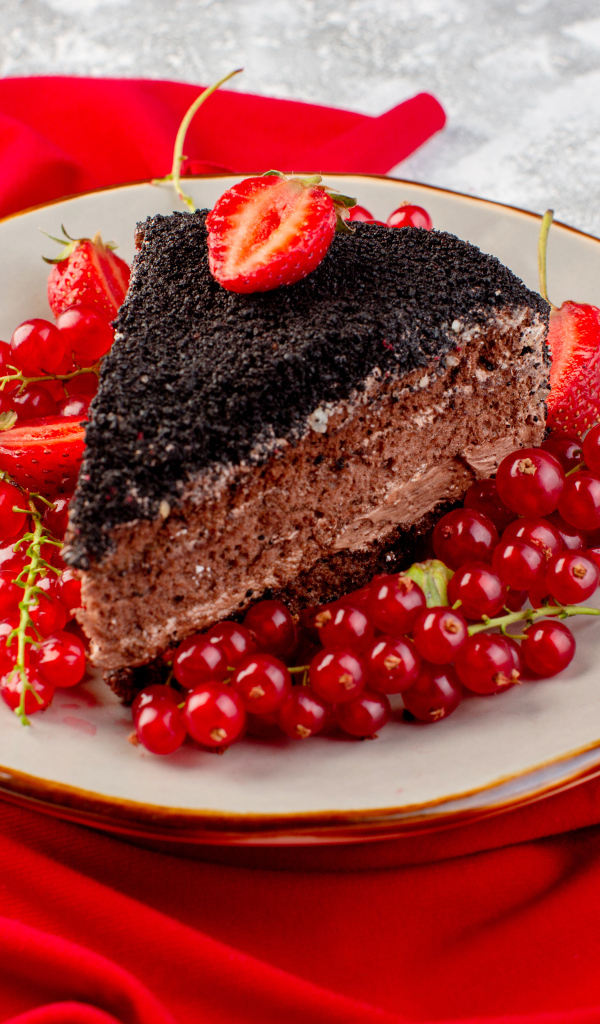 Кусок торта с красной смородиной и клубникой