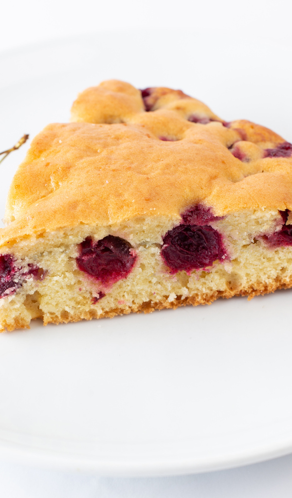Кусок вишневого пирога с ягодами на тарелке