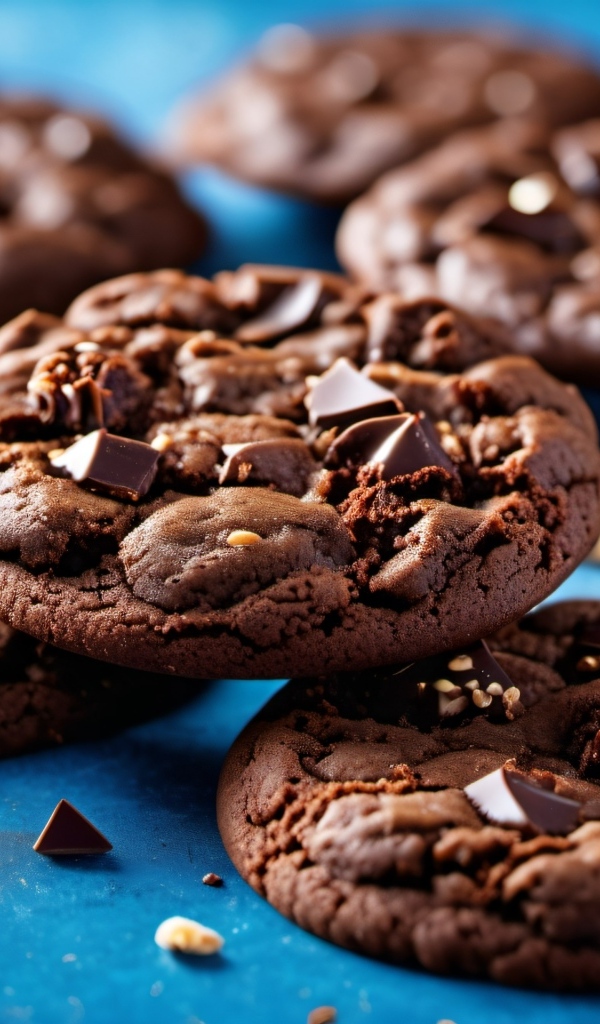 Круглое печенье с шоколадной крошкой на синем столе