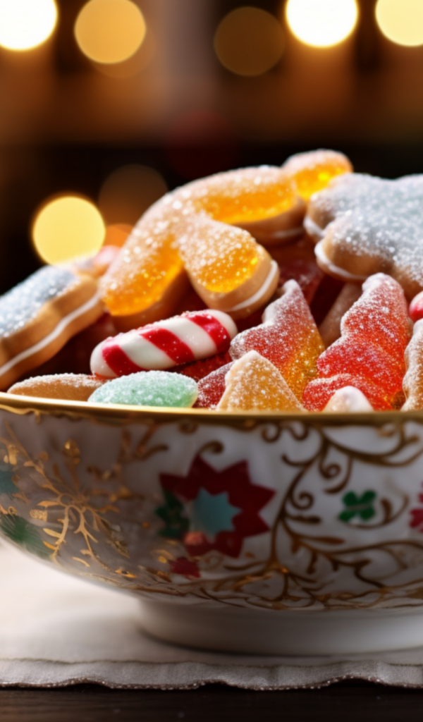 Сладкие праздничные конфеты в тарелке на столе