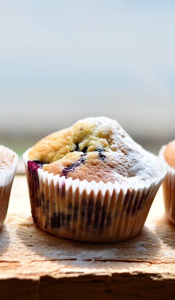 Три вкусных сладких кекса с сахарной пудрой на столе