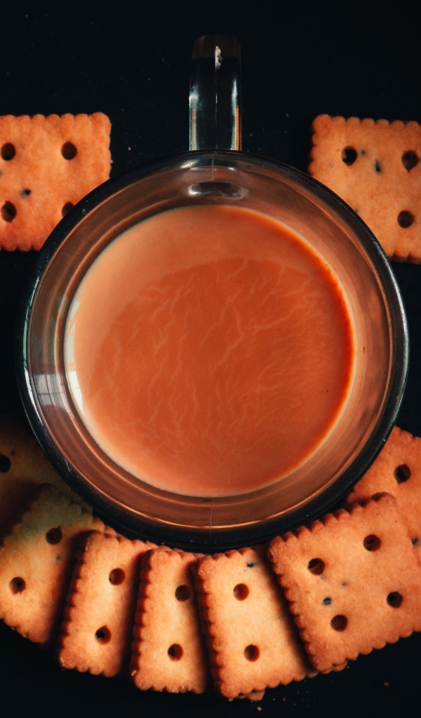 Чашка какао с печеньем на черном фоне