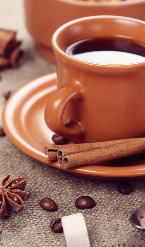 Чашка кофе с корицей, бадьяном и сахаром
