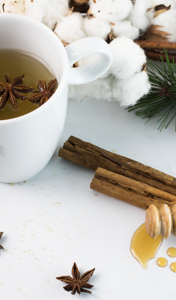 Чашка чая со специями на столе с хлопком и шишками