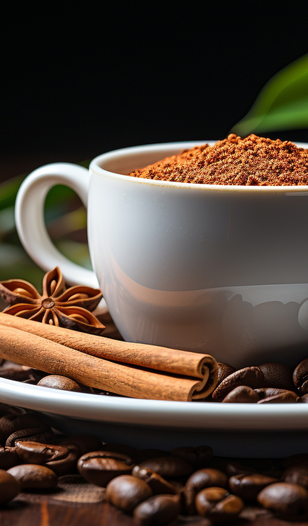 Чашка с молотым кофе и зернами на столе с корицей