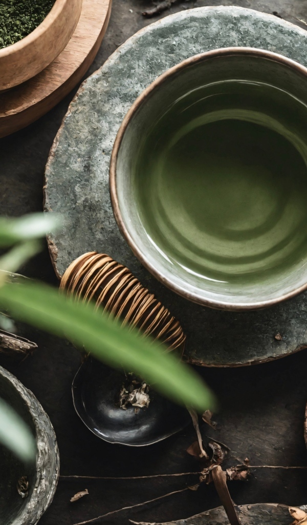 Зеленый чай с посудой на столе