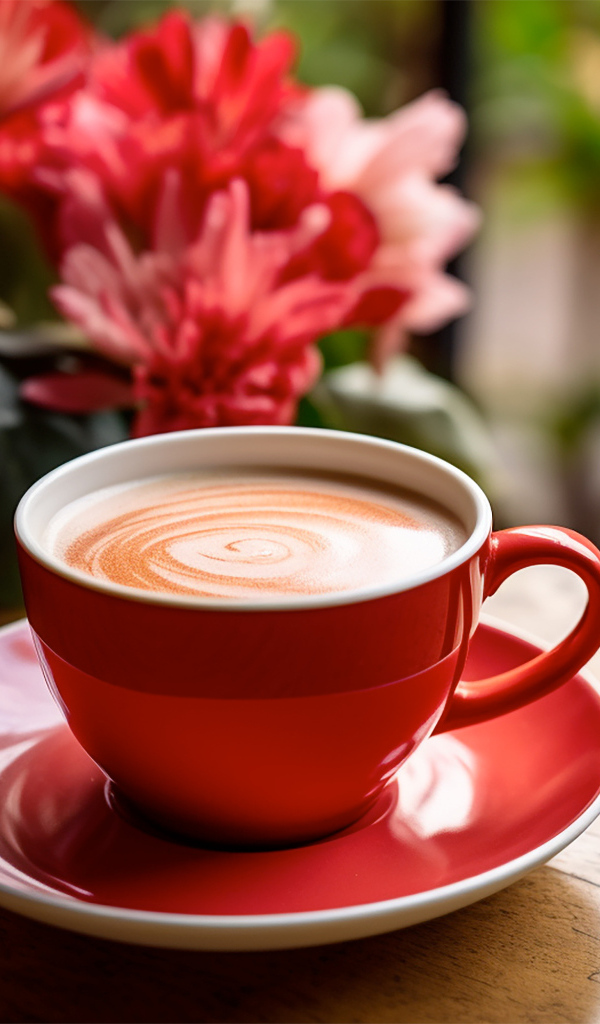 Большая красная чашка кофе на столе с цветами