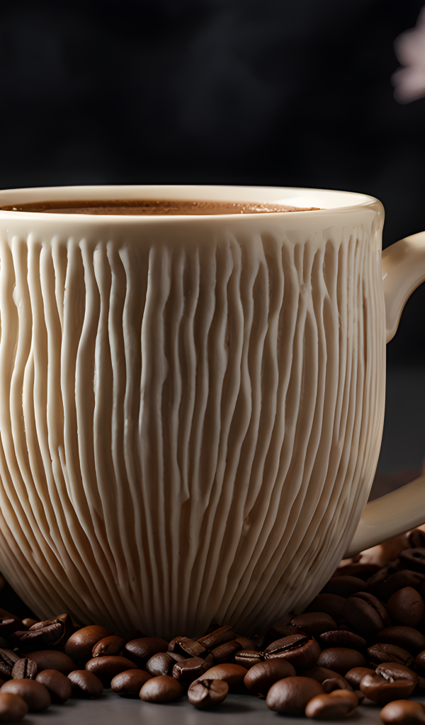 Необычная кружка на столе с грибами и кофейными зернами