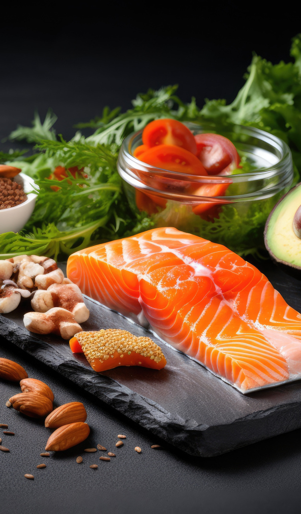 Рыба на столе с орехами и овощами