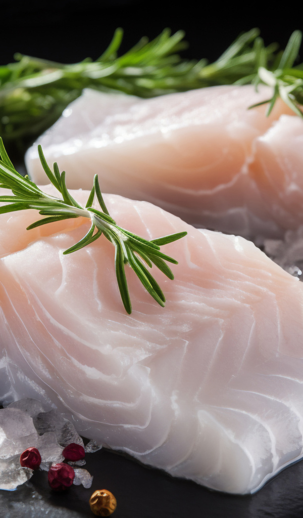 Два куска свежей рыбы на столе с базиликом и помидорами